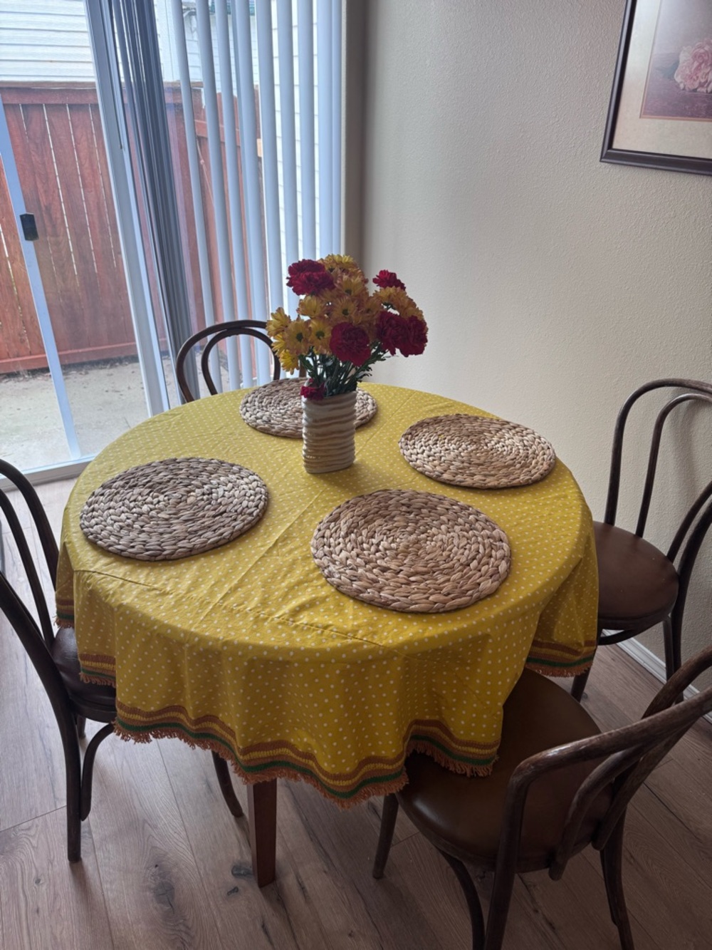 VTG 70s Round Tablecloth Mustard Yellow Avocado Green Fringe French polka dot